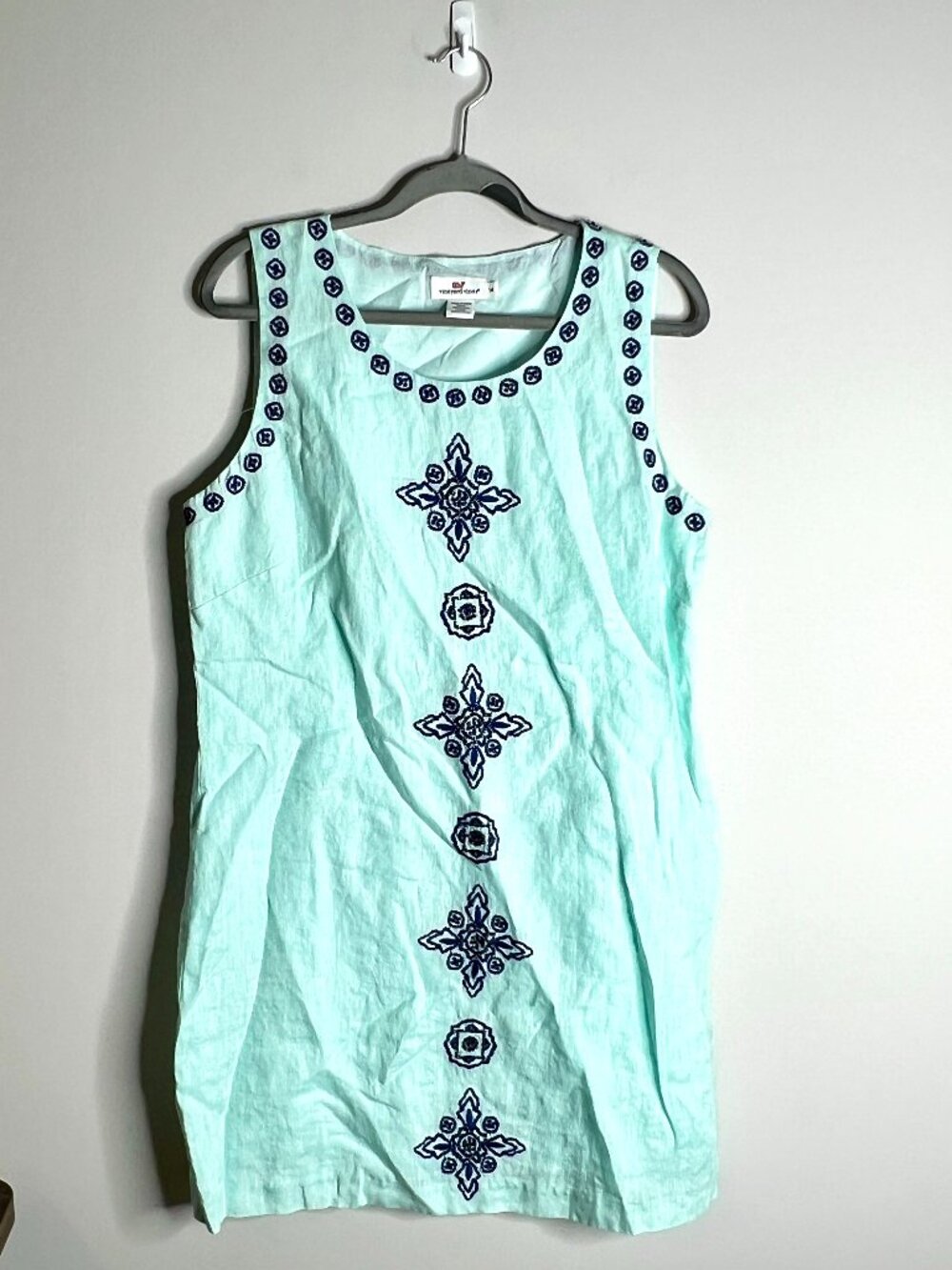 Vineyard Vines Mint Green 100% Linen Embroidered Shift Dress Coastal Beach Sz 14
